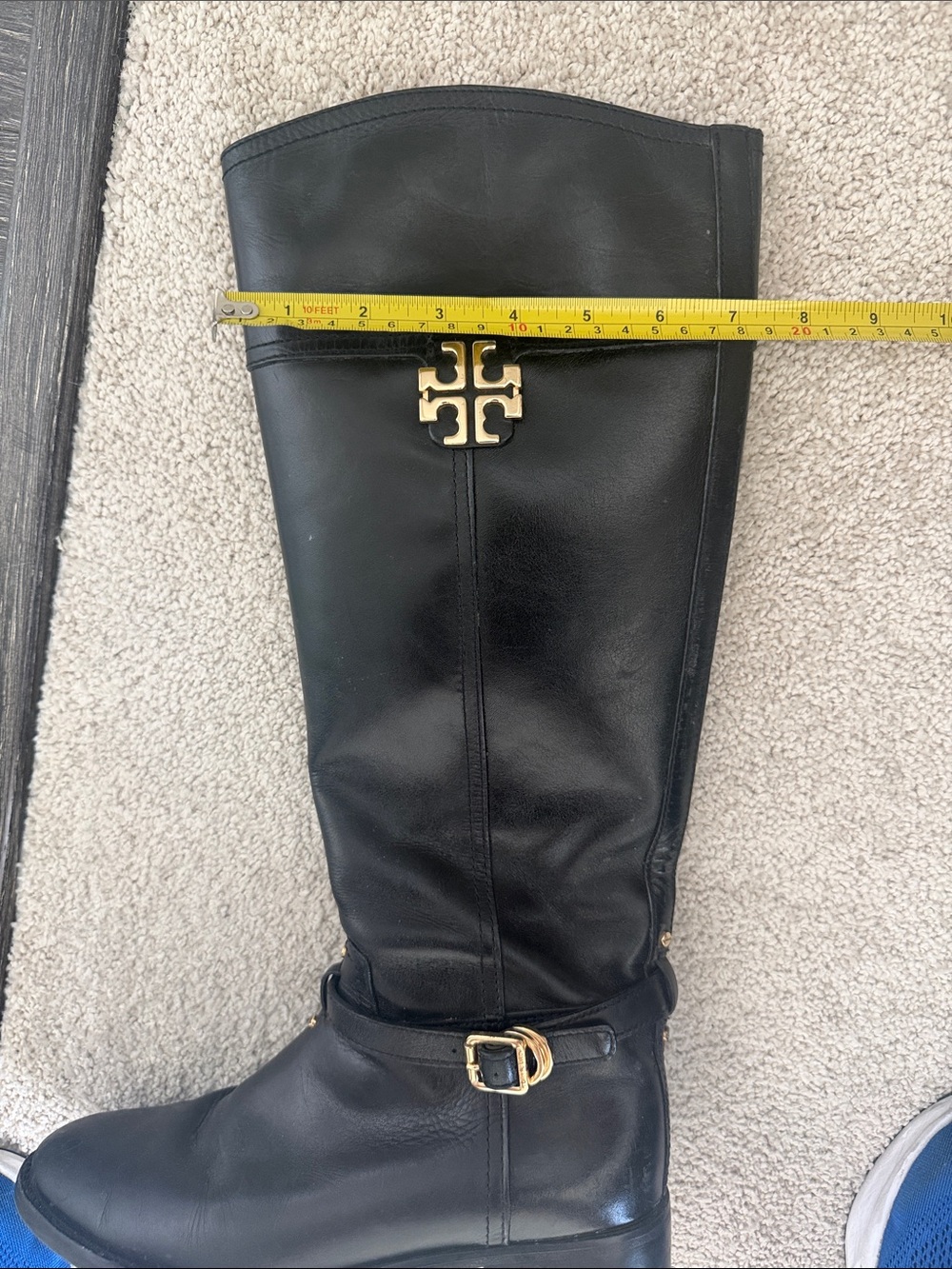 Tory Burch Black Leather Knee-High Boots with Gold Logo - Picture 15 of 16